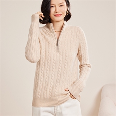 时尚百搭七针麻花半拉链女士秋冬羊绒衫30%羊绒，女装羊绒衫，名驰羊绒