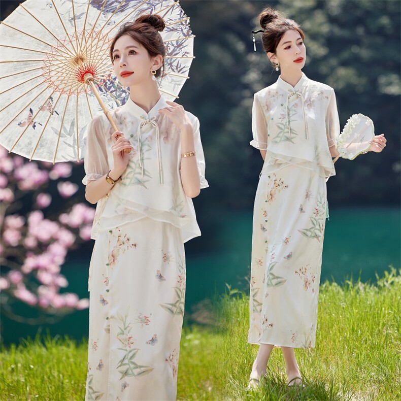 新中式国风套装女夏高级感2024新款气质绝美改良旗袍套装裙两件套，女装套装/套裙，韩蜜菓
