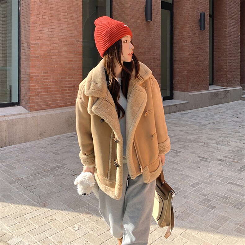 皮毛一体外套女中长款2023冬季新款麂皮绒仿羊羔毛上衣，女装皮草，秋水欣儿