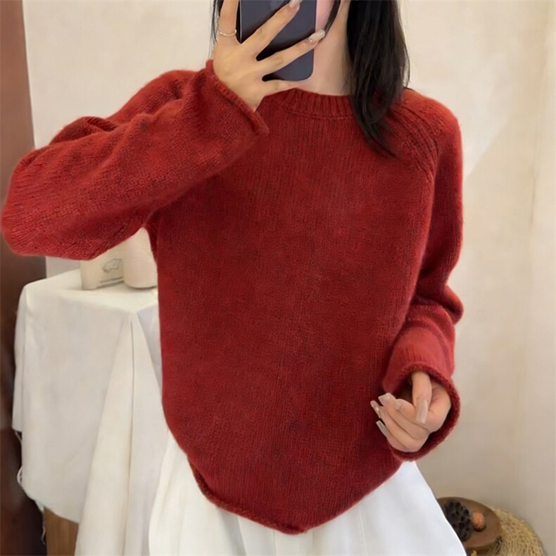 2026年秋季时尚百搭通勤简约加厚圆领套头新年红，女装羊毛衫，新胜羊绒
