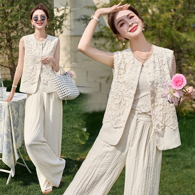 现货无袖套装2026年夏季新款女装时尚气质马甲阔腿裤两件套，女装套装/套裙，韩美纤衣