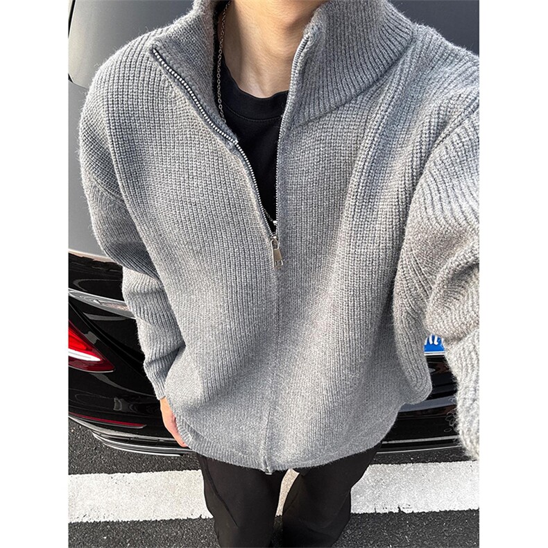 重磅秋冬北极绒双拉链毛衣开衫美式复古休闲慵懒风宽松针织衫外套图片