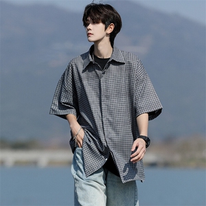 8XL-M短袖衬衫男夏宽松慵懒风痞帅条纹格子衫半袖外套DC28005P40图片