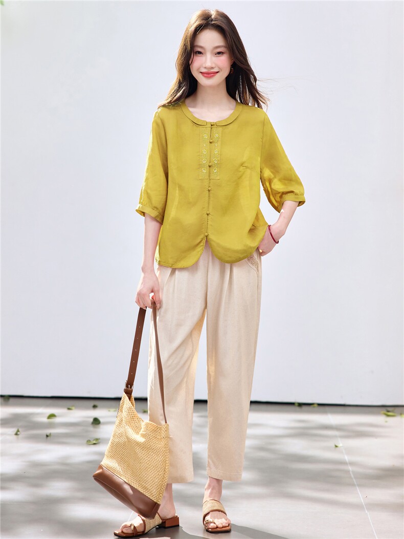 长期现货2026夏季新款天丝苎麻刺绣衬衫T恤中年小脚裤两件套装女,女装套装/套裙,璐依舞
