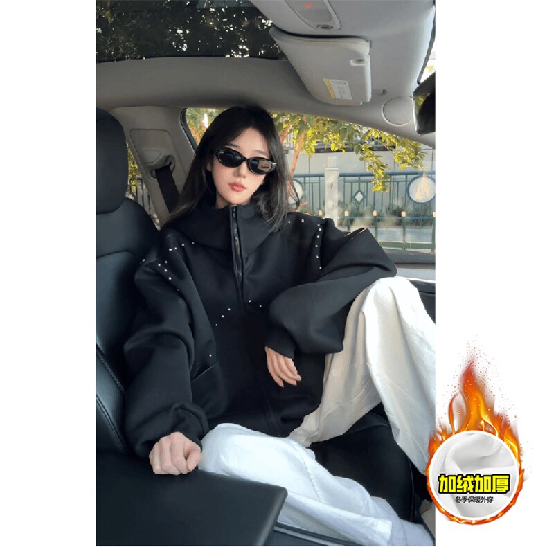 480G重磅加绒硬挺boxy男女秋冬美式高街卫衣铆钉拼接开衫厚外套，女装短外套，电商A486-1