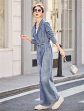 （新款现货）2026春装时尚显瘦西装领工装牛仔阔腿腰带连体裤女，女装连体裤，印象茜