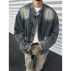 得物二开高街泥染做旧毛边高质量牛仔外套水洗翻领夹克JK1174-P75，男装工装外套，星座1103-3