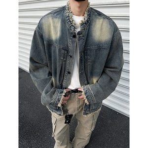 得物二开高街泥染做旧毛边高质量牛仔外套水洗翻领夹克JK1174-P75图片
