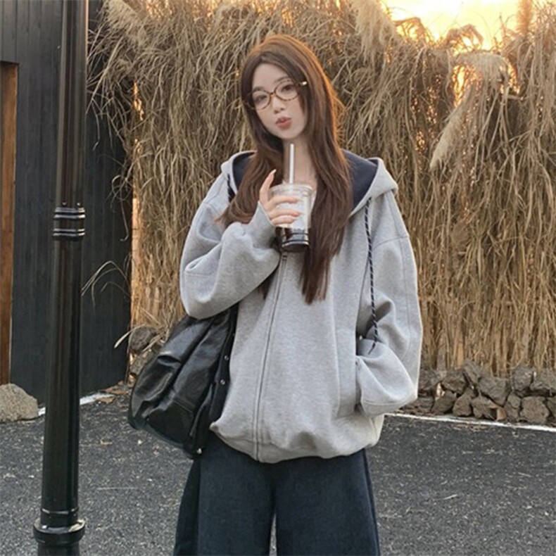 抖音得物二开美式高街重磅结构双层撞色连帽卫衣开衫外套W116,男装卫衣,电商A486