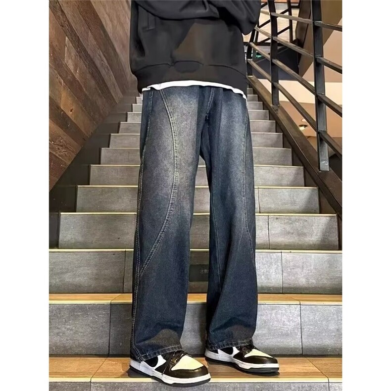 美式高街复古设计感分割宽松直筒牛仔裤男vibe风潮牌休闲阔腿裤子,男装牛仔裤,星座516A