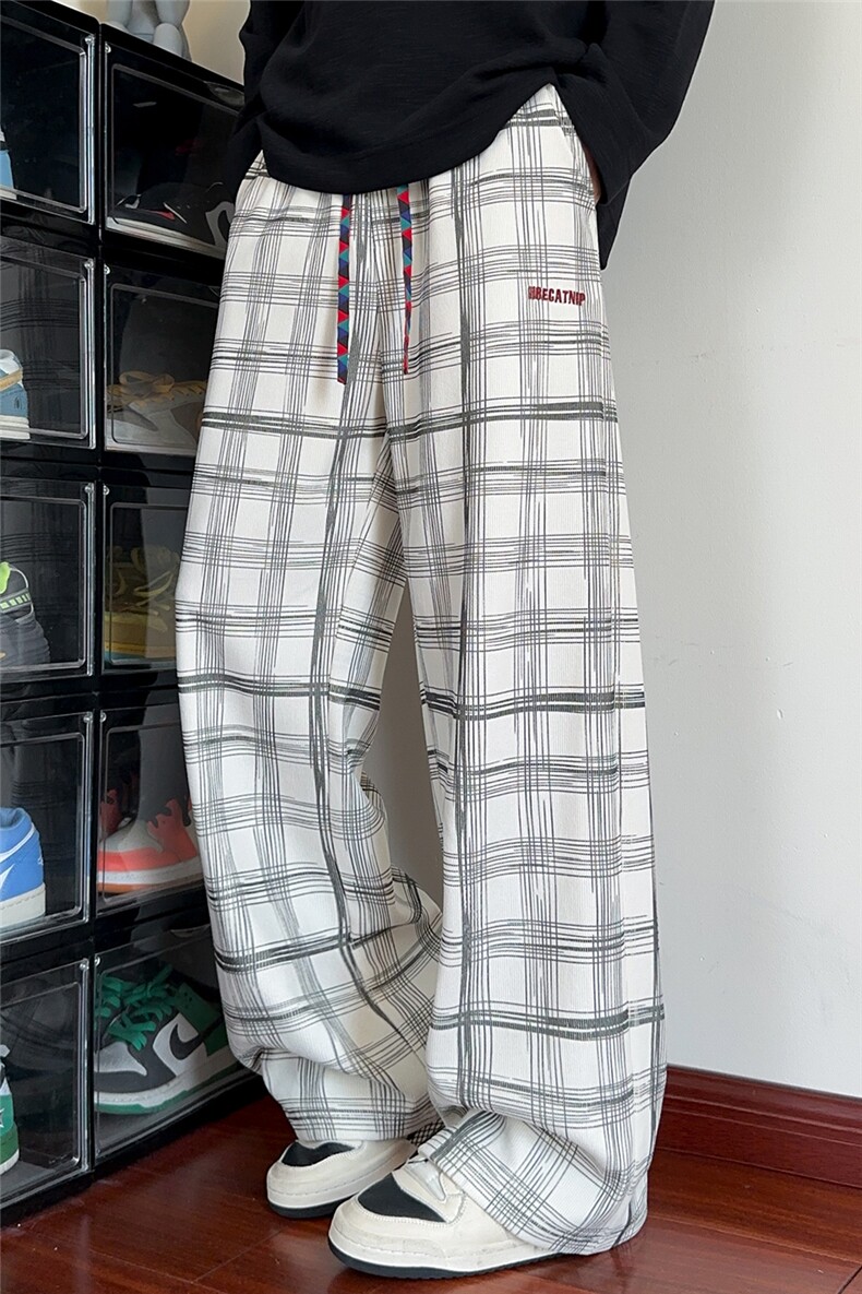 X416B-1-KL3245-特P35限78潮牌条纹撞色拼接格子男复古休闲运动裤,女装休闲裤,星座416B-1