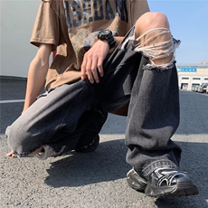 拖地裤夏季牛仔裤男破洞流行休闲男青少年裤子N0842-P48，男装牛仔裤，星座308B-1