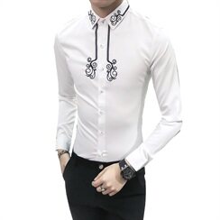 18秋新款男青年长袖加绒加厚修身刺绣花纯色韩版潮工服W0324-P65，男装衬衫，星座419（原A233）