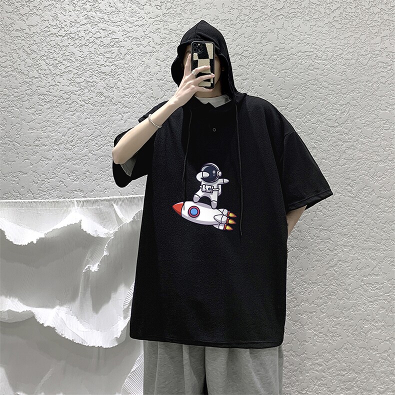 LD54158-P45连帽短袖t恤男大码胖子带帽五分袖中袖大皂风,男装T恤,电商A040