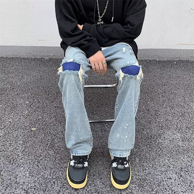 美式街头设计破洞补丁直筒修身水洗牛仔裤浅色乞丐休闲长裤潮牌男,男装牛仔裤,星座601-2