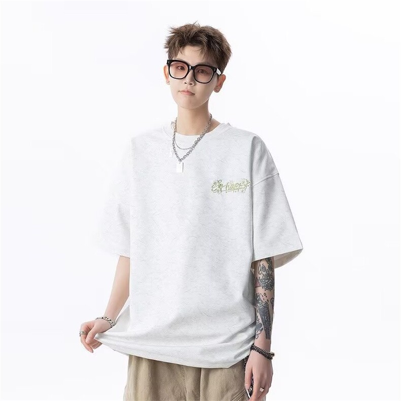 潮牌短袖t恤男夏季2025新款美式复古刺绣上衣青少年宽松圆领半袖,男装T恤,星座1210-1
