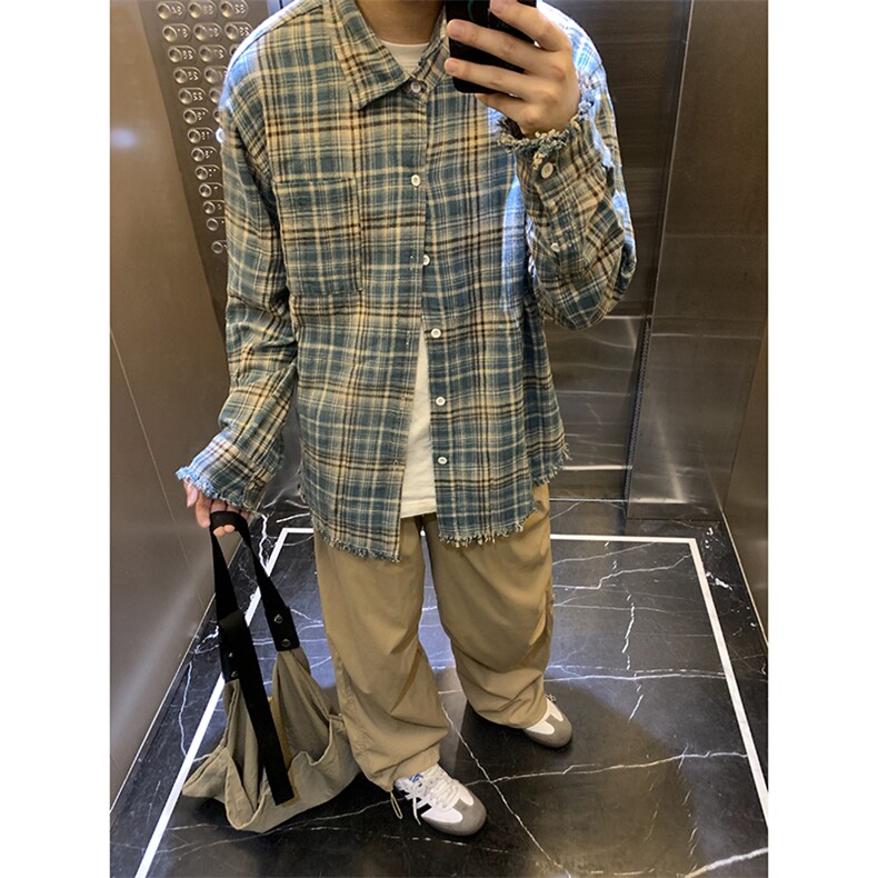 B221！美式ins高街暗黑小众毛边格子衬衫SY2320-P65控88,男装衬衫,电商B221