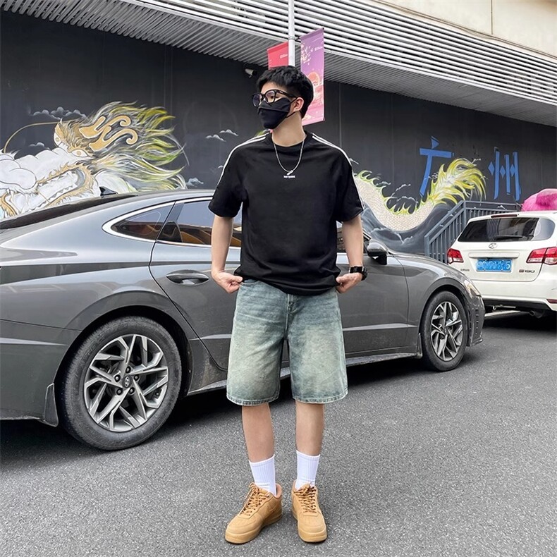 美式复古牛仔短裤男夏季新款水洗做旧宽松直筒五分裤A6106-P45,男装牛仔裤,星座208-5