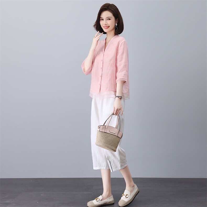 妈妈夏装纯苎麻衬衫女七分袖2024新款中年夏季时尚洋气小衫上衣，女装大码女装，奕阳依阁