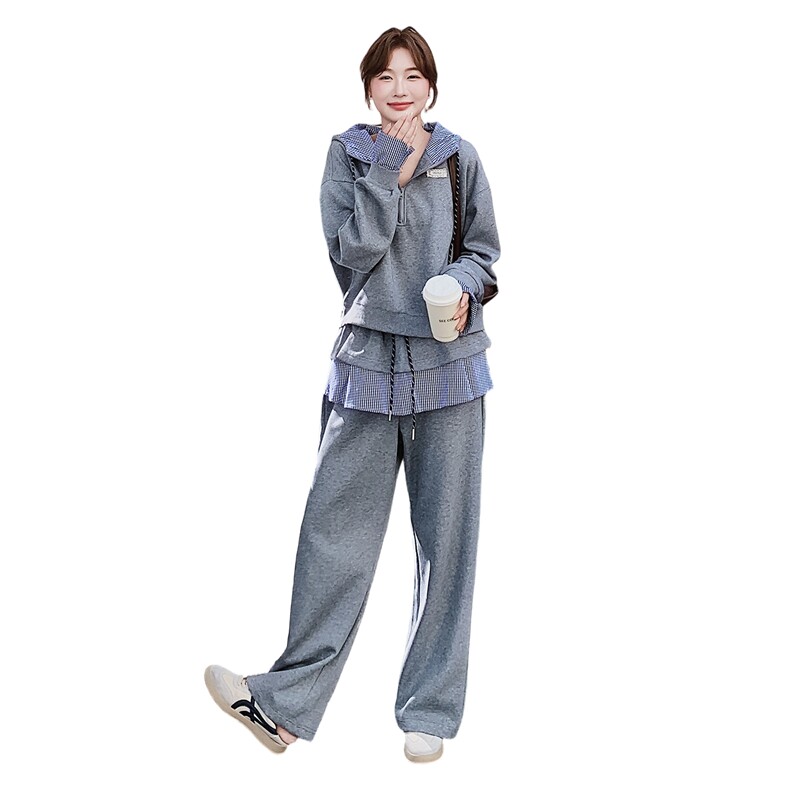 韩版宽松格子拼接连帽卫衣套装女2025秋新款慵懒风休闲卫裤两件套,女装套装/套裙,2C326