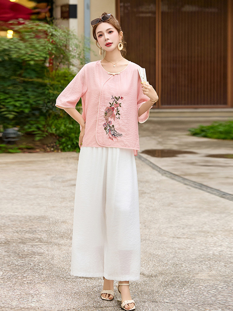 现货！夏季新款2025刺绣套装女时尚休闲气质宽松两件套套裤,女装套装/套裙,涵墨
