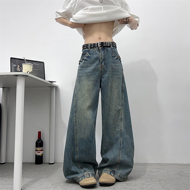 GENIOLAMODE美式复古蓝脏染牛仔裤男士秋季新款错位解构弯刀长裤,男装牛仔裤,星座410-6（原星座1304-1）