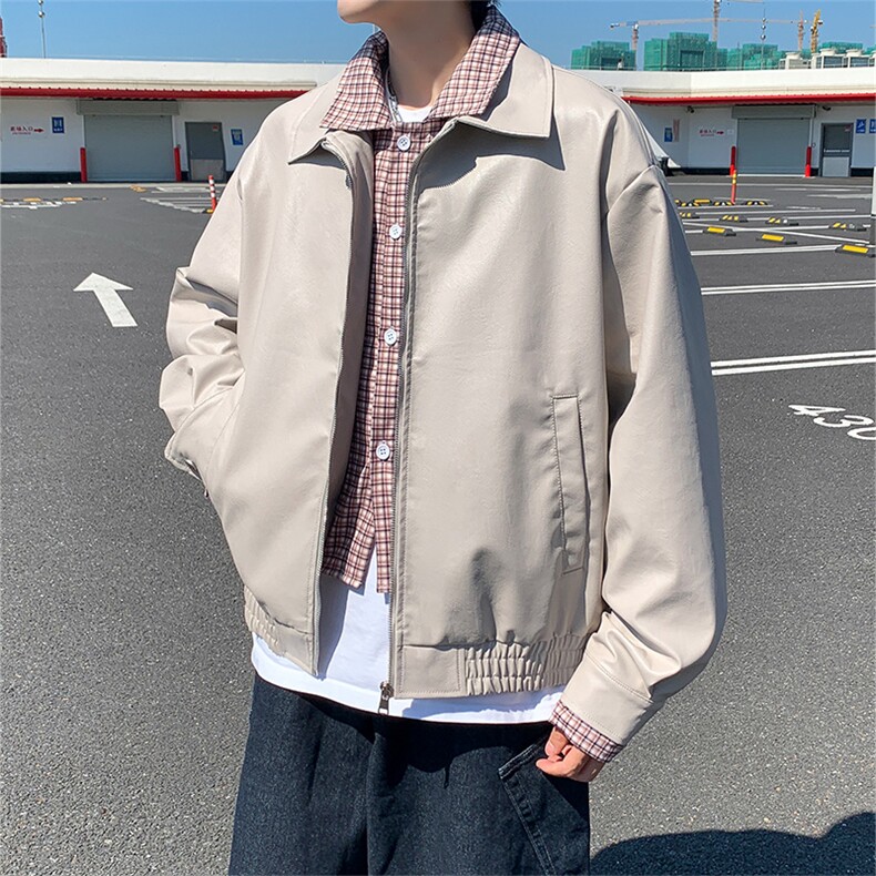 格纹假两件翻领皮衣夹克男ins高街潮牌原宿风宽松夹克JK093-P85图片