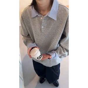 抖音得物高品质26春装美式高街假两件衬衫领长袖卫衣POLO领打底衫图片