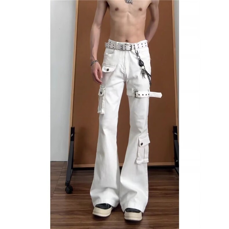 vibe绑带微喇工装牛仔裤男cleanfit美式高街修身喇叭裤子NZG612,男装牛仔裤,星座516A