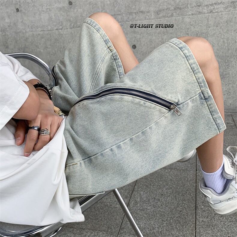 B221美式ins高街暗黑小众拉链牛仔短裤五分裤LK23101-P60控78,男装牛仔裤,电商B221