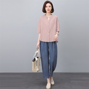 时尚休闲套装女夏2025新款中年妈妈宽松减龄短袖衬衫牛仔裤两件套图片