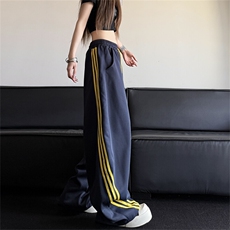 春季复古撞色三条杠弯刀阔腿裤美式潮牌宽松休闲运动卫裤，男装休闲裤，星座410-7
