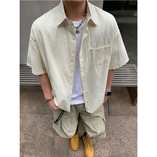 原创美式潮流复古条纹泡泡格肌理感夏季衬衫短袖男士衬衣P35，男装T恤，电商C306-1