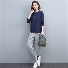 2022春季新款简约时尚休闲舒适撞色圆领宽松显瘦长袖两件套，女装套装/套裙，丽影随形