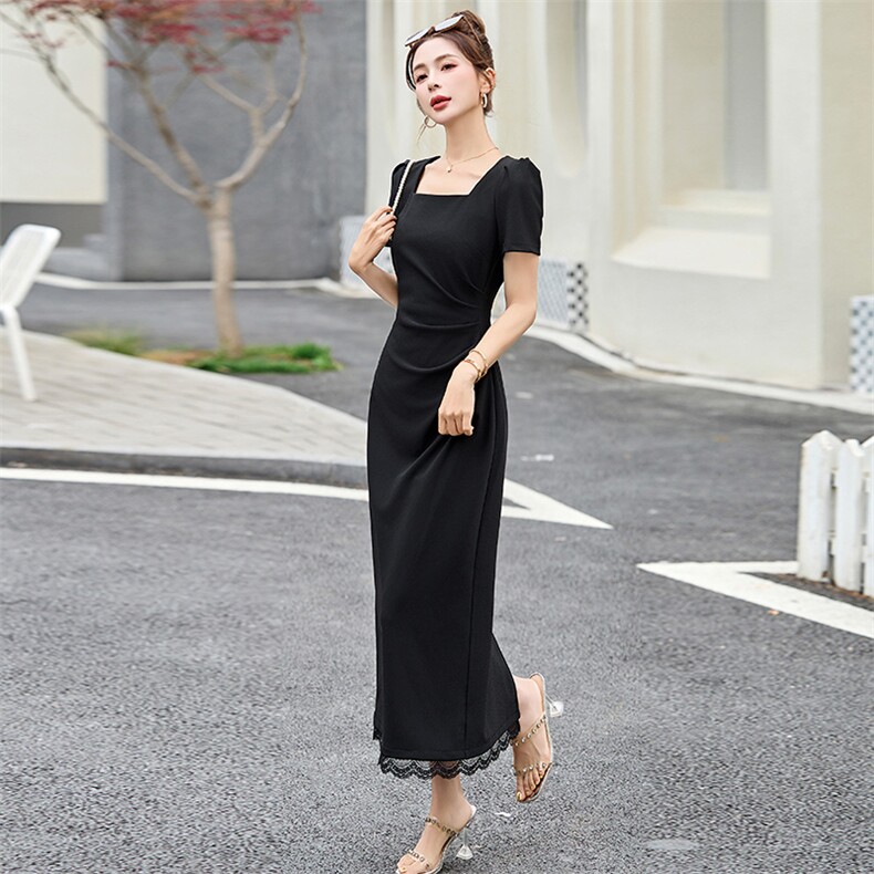 法式气质女人方领修身连衣裙夏季新款高级感赫本风收腰褶皱小黑裙,女装连衣裙,拾衣