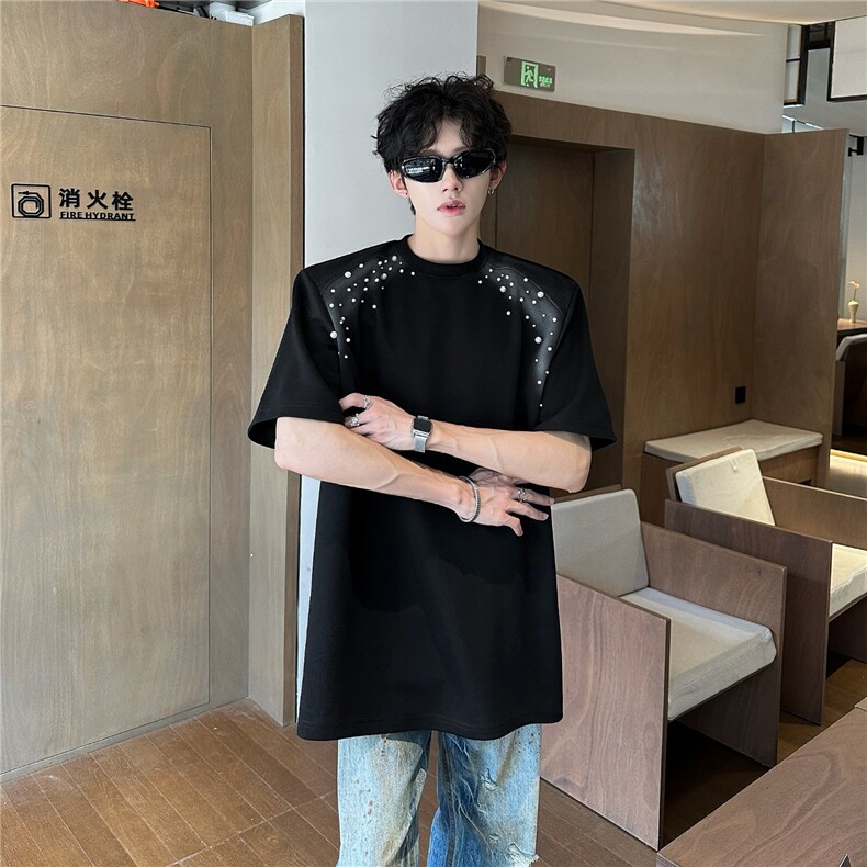 美式高级感喷绘珍珠男士个性圆领t恤夏季潮牌短袖cleanfit五分袖,男装T恤,星座506A