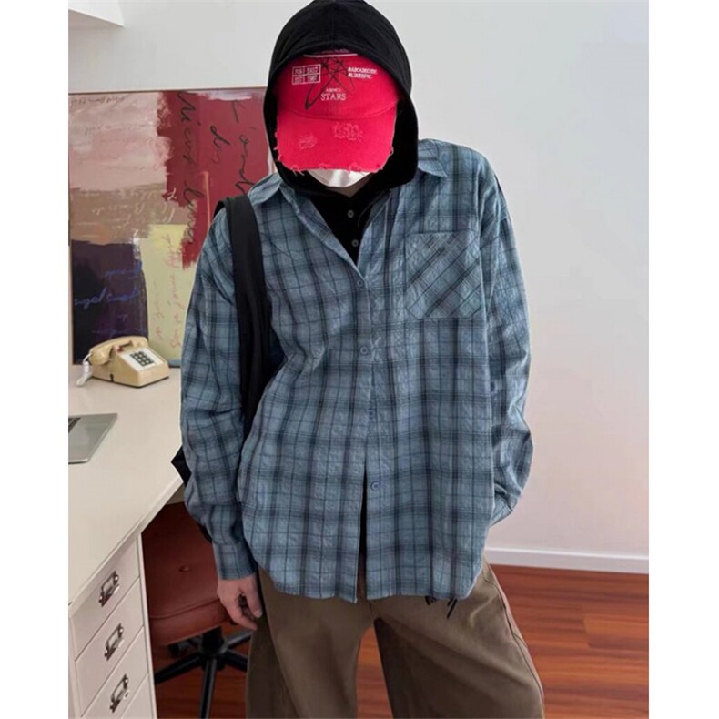 格子长袖衬衫男女2025春秋季高级感痞帅穿搭美式复古外套CS377,男装衬衫,星座1116A（原606A-3）