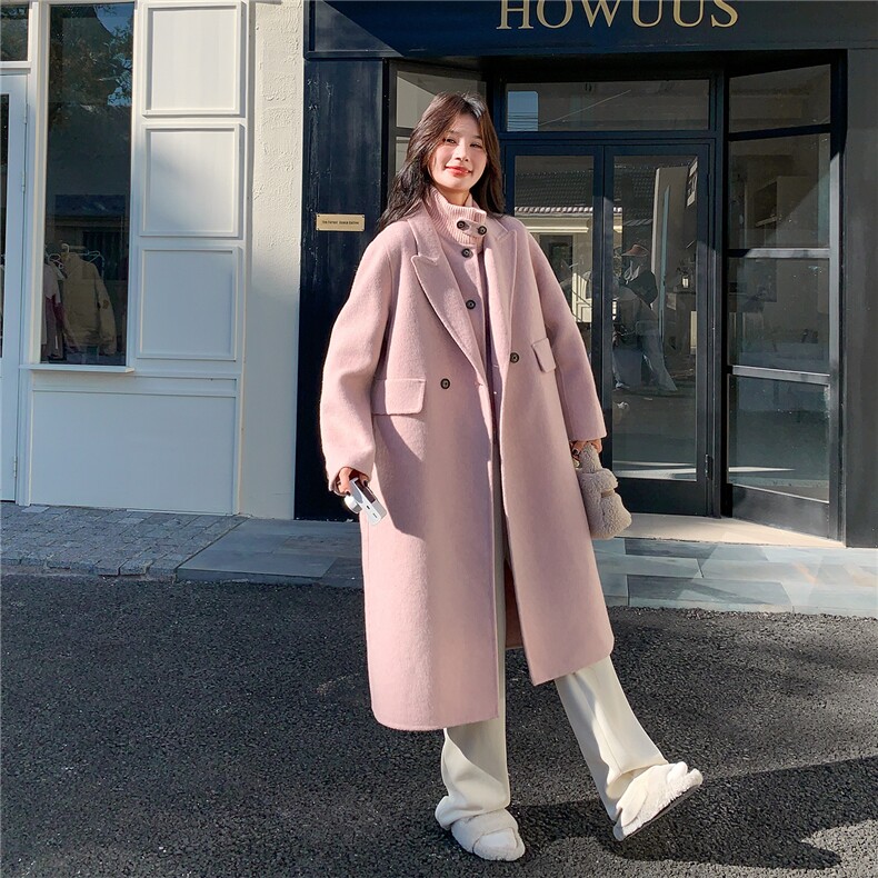 粉色羊绒大衣马甲两件套女中长款秋季新款韩系高级感气质毛呢外套,女装毛呢外套,2C030