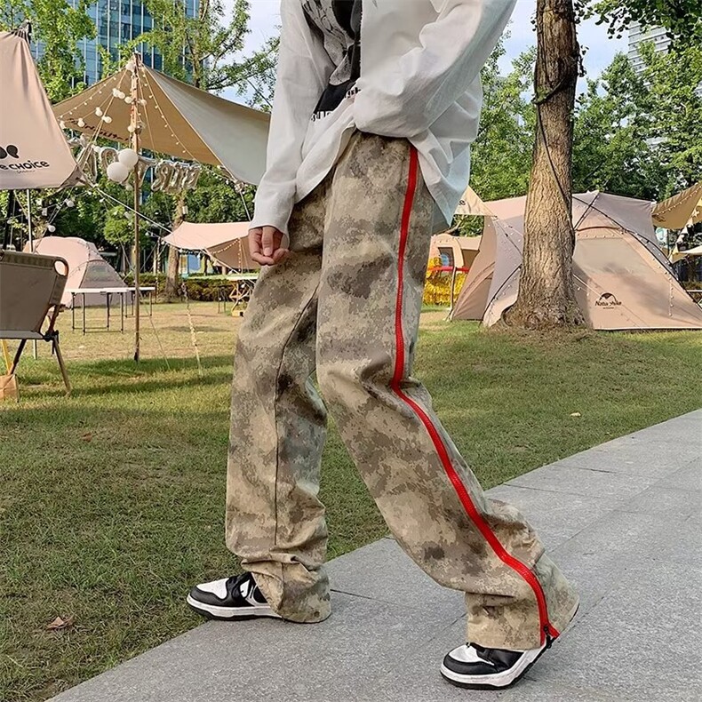 美式高街复古嘻哈拉链迷彩长裤ins潮牌hiphop直筒宽松坠感工装裤,男装工装外套,星座1013
