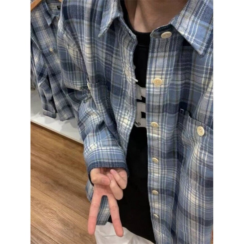 高质量百搭宽松慵懒百搭格纹衬衫新款男女夏季扎染印花法式 CY17图片
