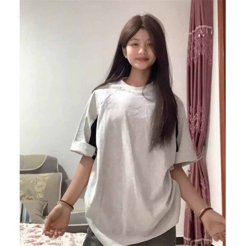 得物抖音品质二开240克重磅宽松纯棉美式高街拼接撞色短袖T恤,男装T恤,电商A486-1