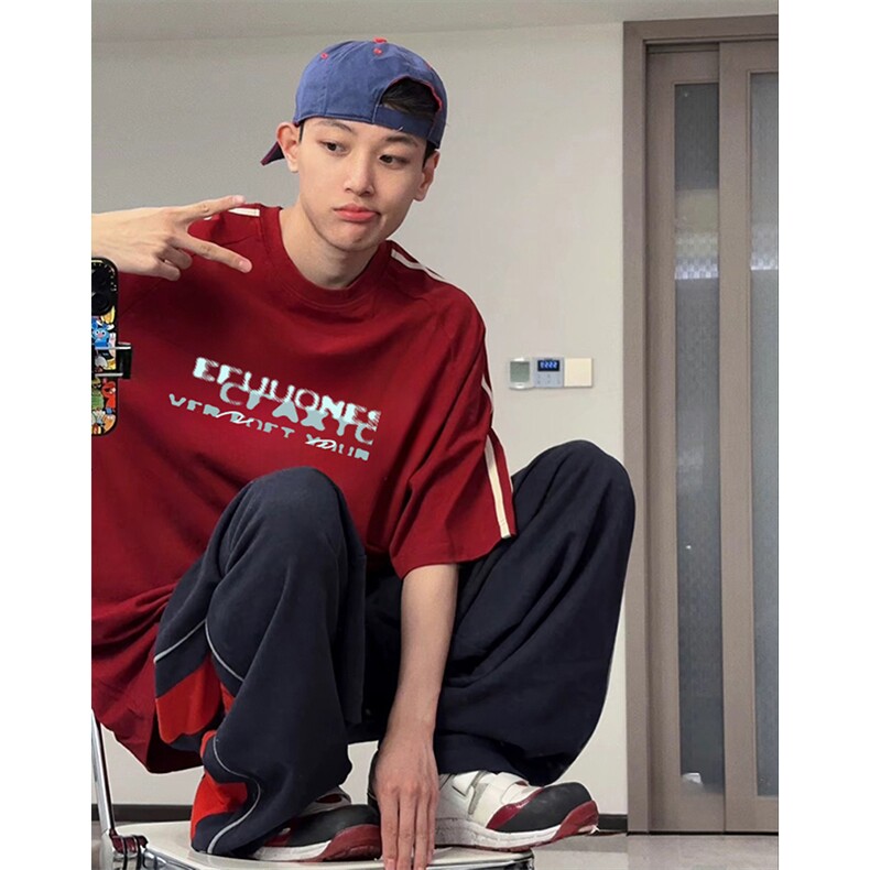 抖音得物高品质二开240克宽松纯棉美式潮牌三条杠织带短袖T恤,男装T恤,电商A486-1