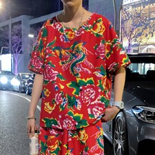 HT203夏季男士休闲东北大花民族风牡丹花圆领短袖T恤青少年大码，男装T恤，星座115A(原星座507）
