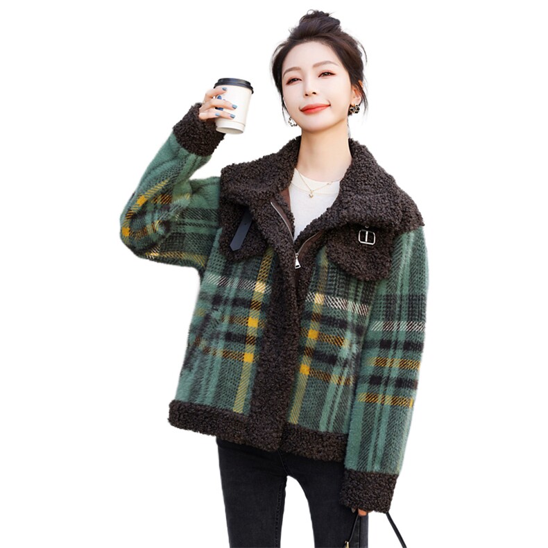 羊羔绒皮毛一体外套女冬2025新款百搭格子加厚今年流行棉衣女大衣,女装棉衣/棉服,意芙