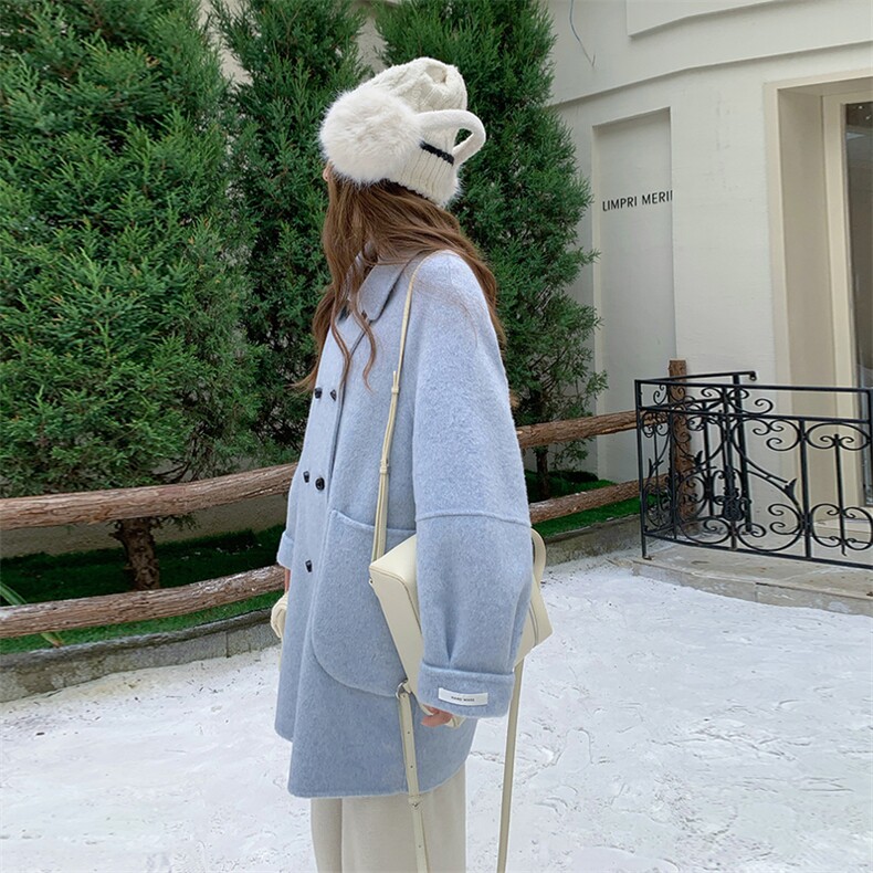 蓝色双面羊毛大衣女中长款秋冬新款韩系小个子学院风减龄毛呢外套,女装毛呢外套,韩然一族