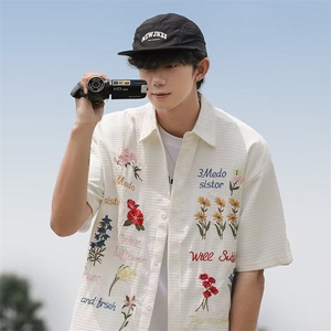 2025夏复古彩色花卉刺绣短袖衬衫 C5234图片