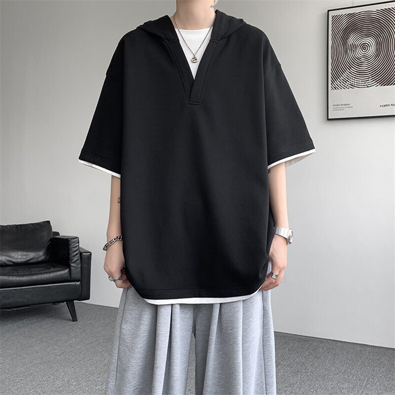 8XL-M假两件短袖卫衣连帽t恤男夏季薄款宽松大码学生半袖DT007P48,男装T恤,电商B312
