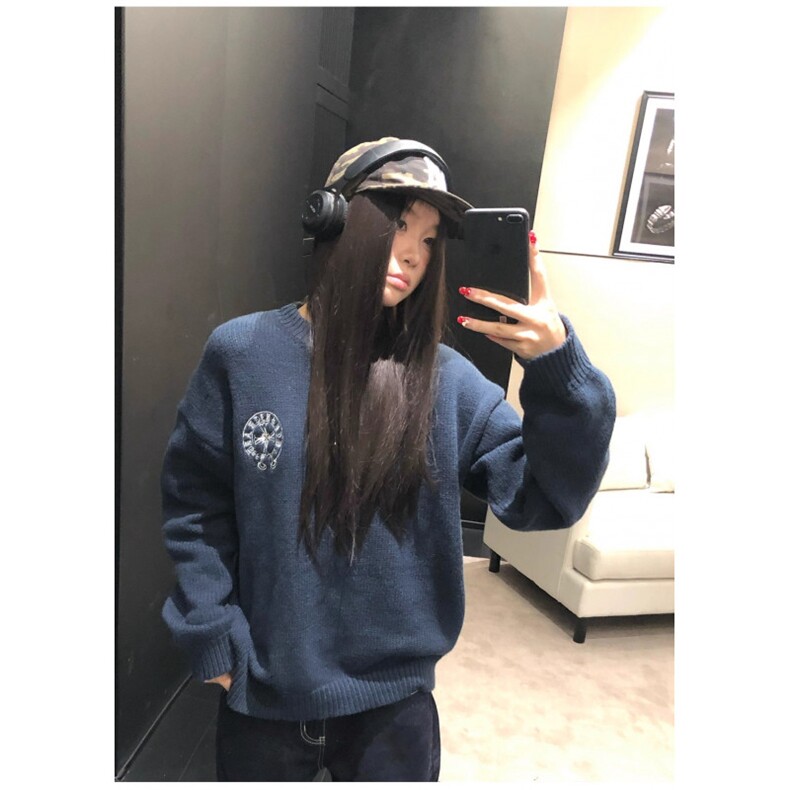 美式复古旗帜字母提花毛衣男女c慵懒风百搭宽松情侣针织衫,男装针织衫/毛衣,四季星座505