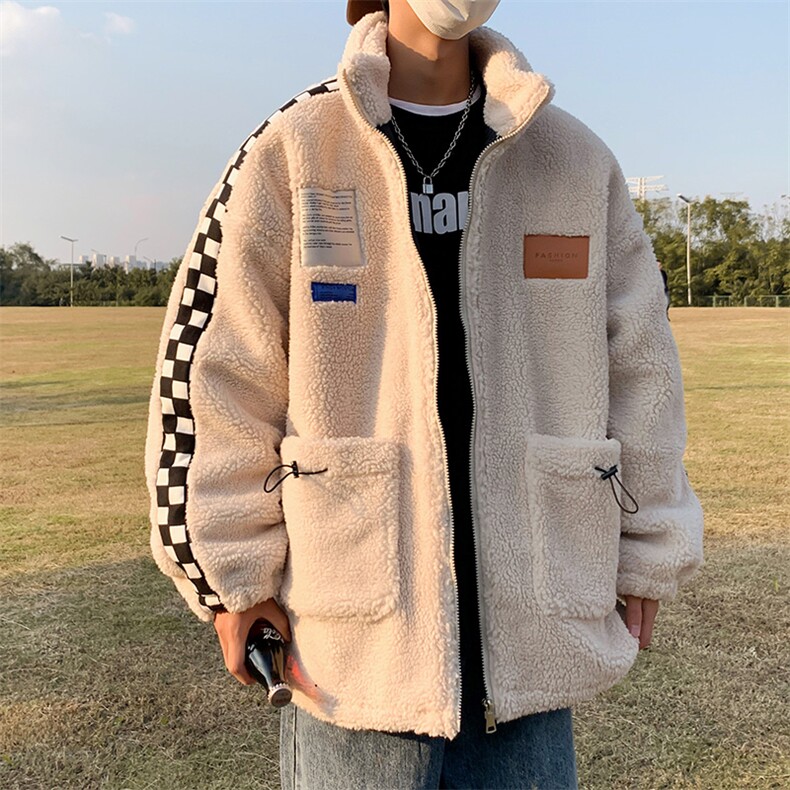 羊羔毛外套男冬季加绒加厚港风潮牌贴布棉服情侣棉衣  W2297-P80图片