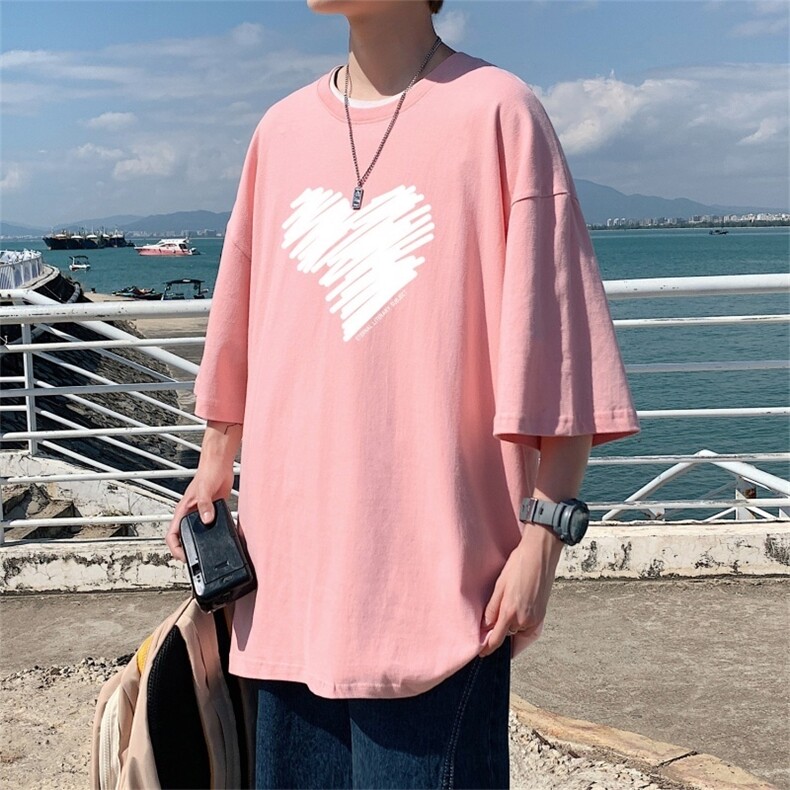 T3467P25圆领涂鸦爱心印花T恤男港风T恤落肩款宽松T恤克莱因蓝T,男装T恤,星座510A-1